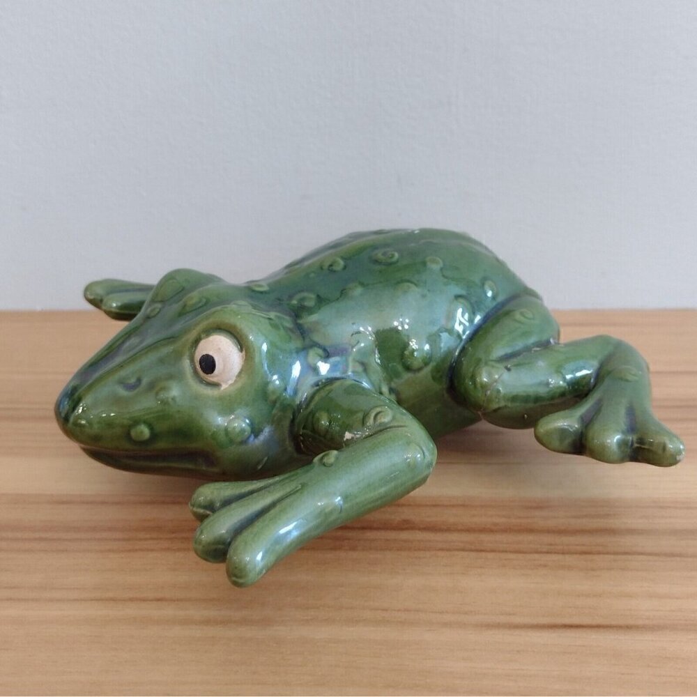 Vintage Hand Painted Ceramic Green Frog Lawn Ornament Figurine MCM REPAIRED